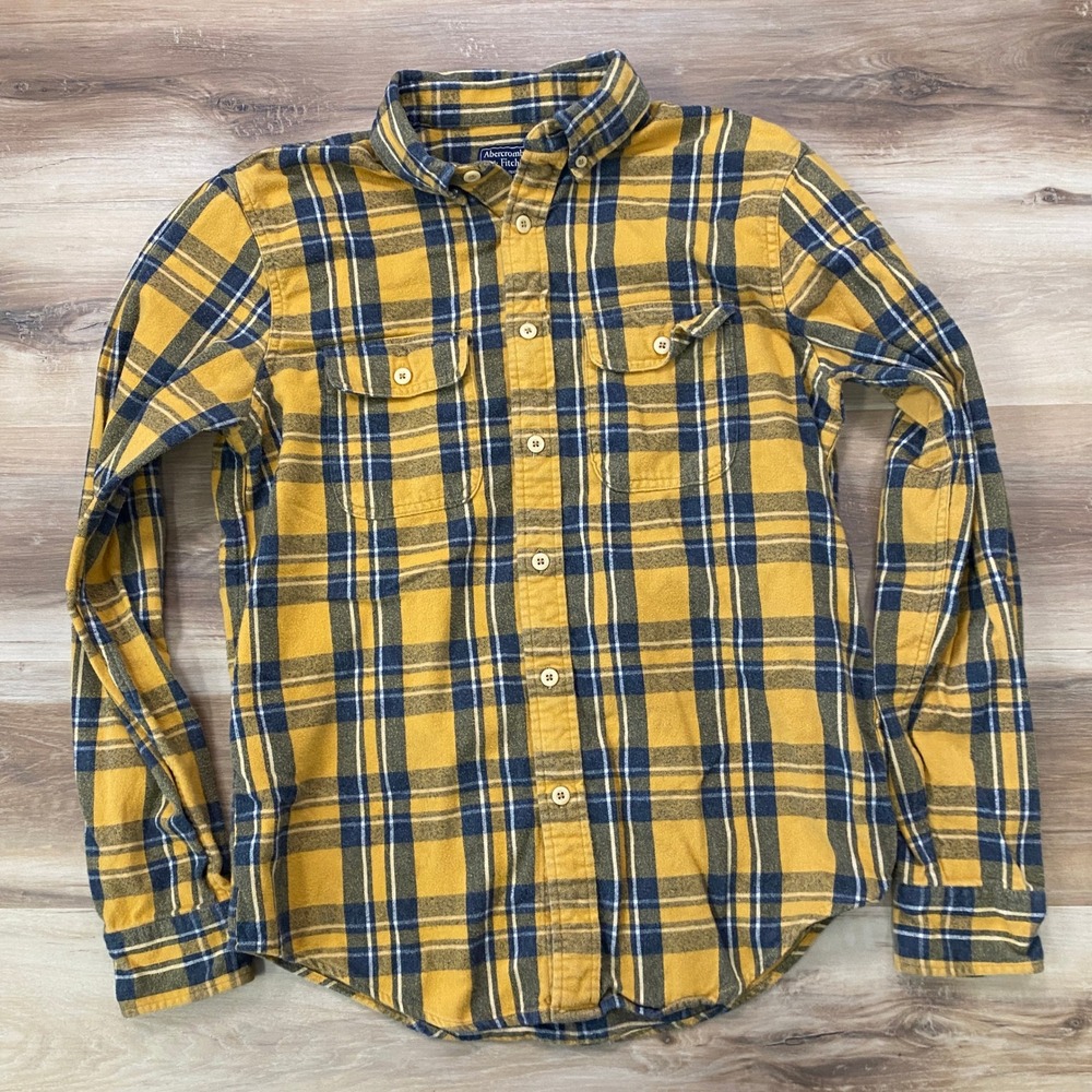 Abercrombie & Fitch Flannel Shirt Size M Plaid Cotton Casual Mustard Yellow Navy